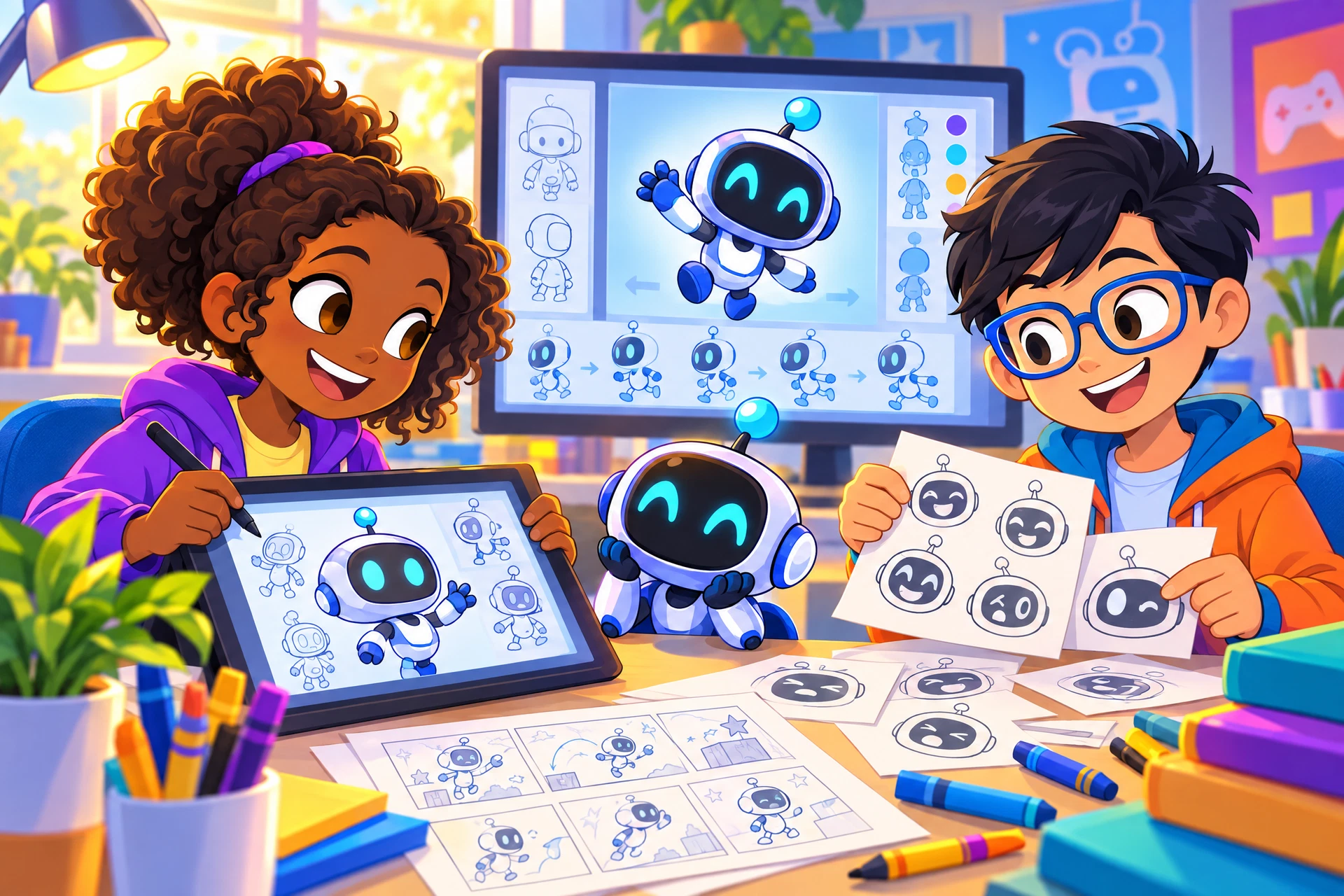 Cartoon school-age creators drawing a friendly game character and exploring animation poses