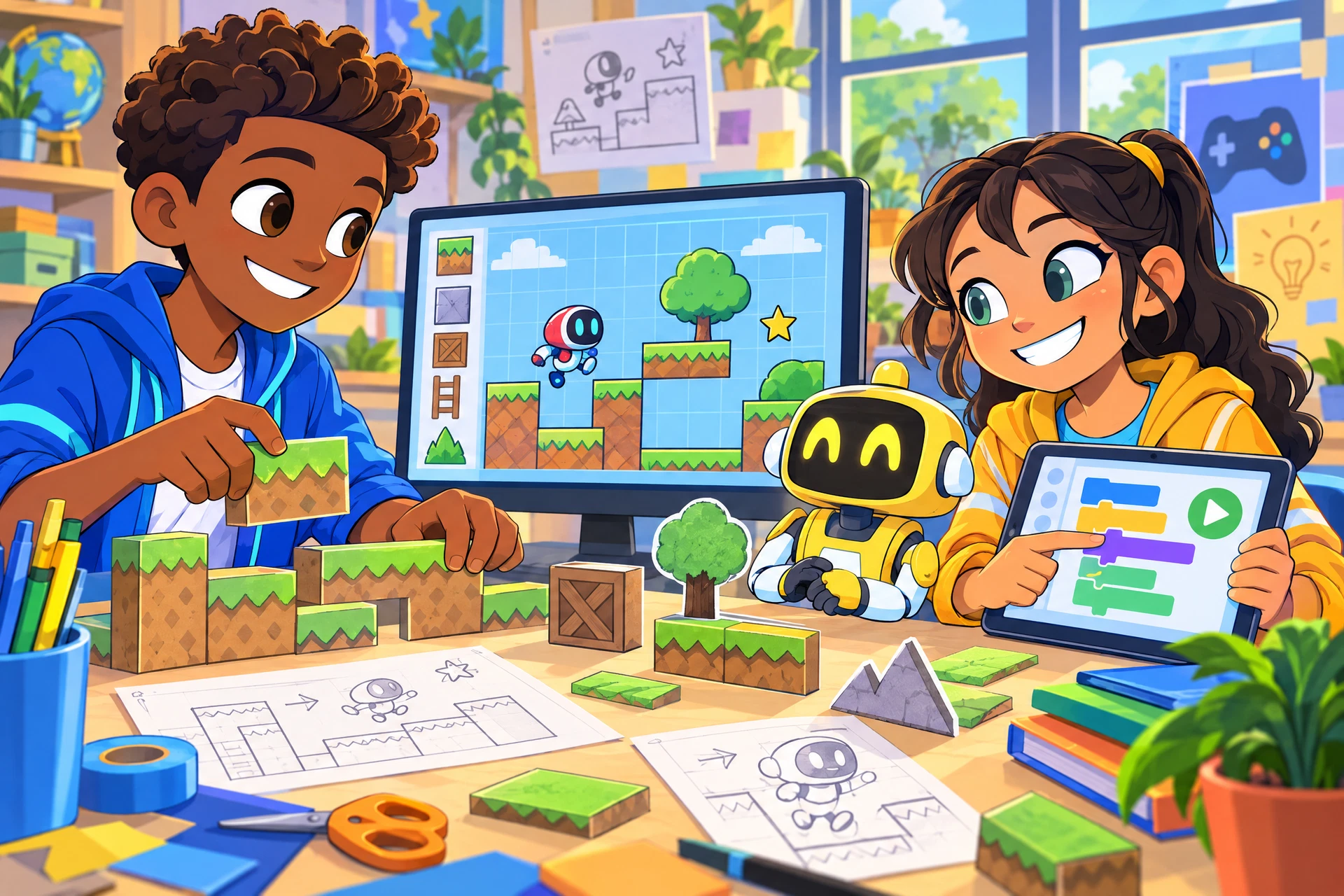 Cartoon school-age creators building platform-game levels and connecting visual coding blocks