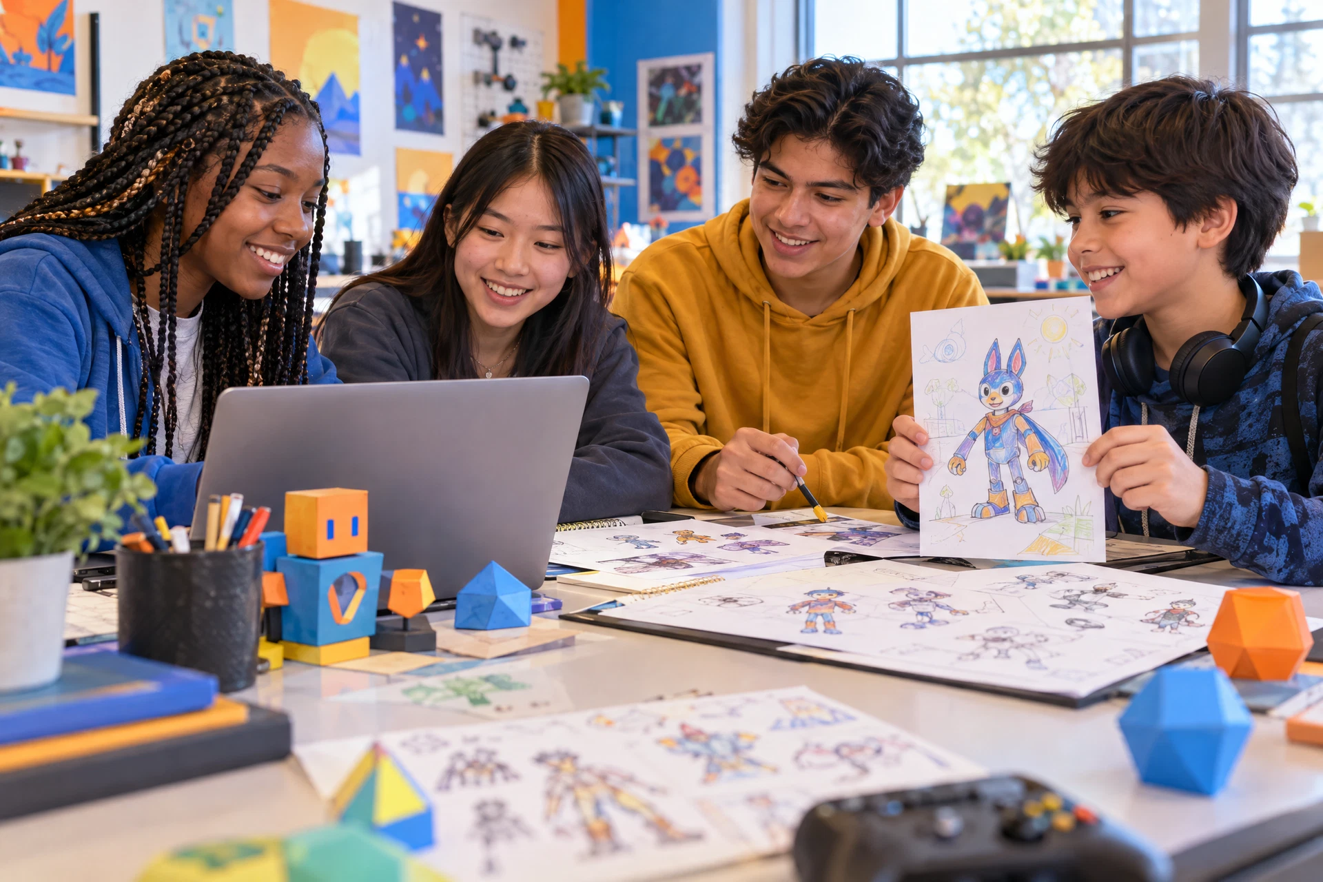 Illustrative scene of high-school and middle-school learners sharing game prototypes and character drawings